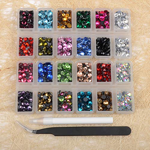 Massive Beads 6800+PCS Mixed 5 Sizes Flatback Round Glass Hotfix Iron Rhinestones Crystal for DIY Making w/ 1 Tweezers & 1 Picking Pen for Shoes, Clothes, Bags, Manicure (Mixed 5 Sizes, 22 Colors)