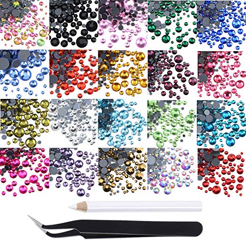 Massive Beads 6800+PCS Mixed 5 Sizes Flatback Round Glass Hotfix Iron Rhinestones Crystal for DIY Making w/ 1 Tweezers & 1 Picking Pen for Shoes, Clothes, Bags, Manicure (Mixed 5 Sizes, 22 Colors)