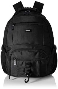 amazon basics multi-compartment backpack with top handle and padded shoulder straps, fits up to 15-inch laptop – black