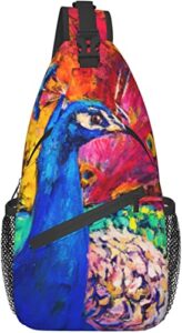 sling bag oil painting colorful peacock hiking daypack crossbody shoulder backpack travel chest pack for men women