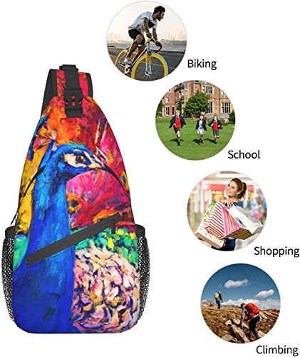 Sling Bag Oil Painting Colorful Peacock Hiking Daypack Crossbody Shoulder Backpack Travel Chest Pack for Men Women