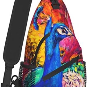 Sling Bag Oil Painting Colorful Peacock Hiking Daypack Crossbody Shoulder Backpack Travel Chest Pack for Men Women