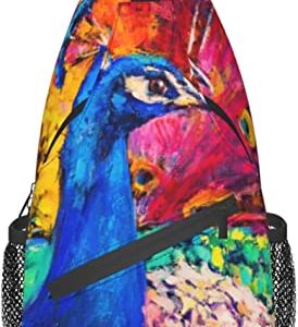 Sling Bag Oil Painting Colorful Peacock Hiking Daypack Crossbody Shoulder Backpack Travel Chest Pack for Men Women