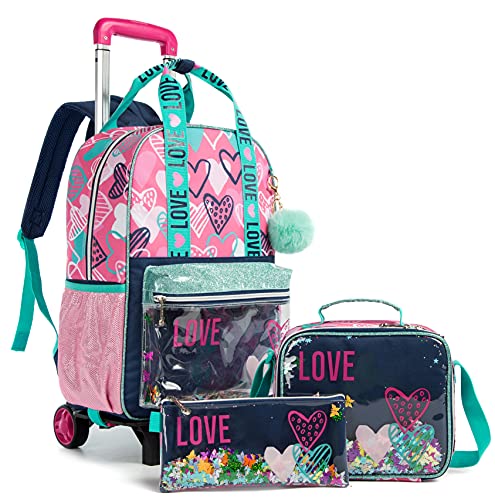 Rolling Backpack for Gilrs School Wheels Backpacks with Lunch Box for Elementary Student Teen Girls Trip Luggage