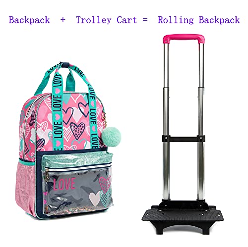 Rolling Backpack for Gilrs School Wheels Backpacks with Lunch Box for Elementary Student Teen Girls Trip Luggage