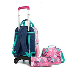 Rolling Backpack for Gilrs School Wheels Backpacks with Lunch Box for Elementary Student Teen Girls Trip Luggage