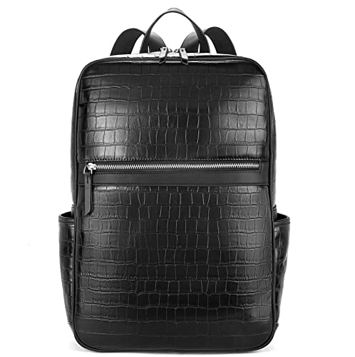 BROMEN Laptop Backpack for Women Leather 15.6 inch Computer Backpack Business Large Travel Daypack Bag Crocodile Pattern Black