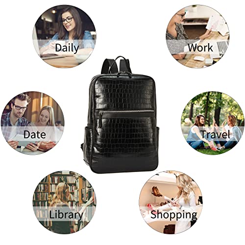 BROMEN Laptop Backpack for Women Leather 15.6 inch Computer Backpack Business Large Travel Daypack Bag Crocodile Pattern Black