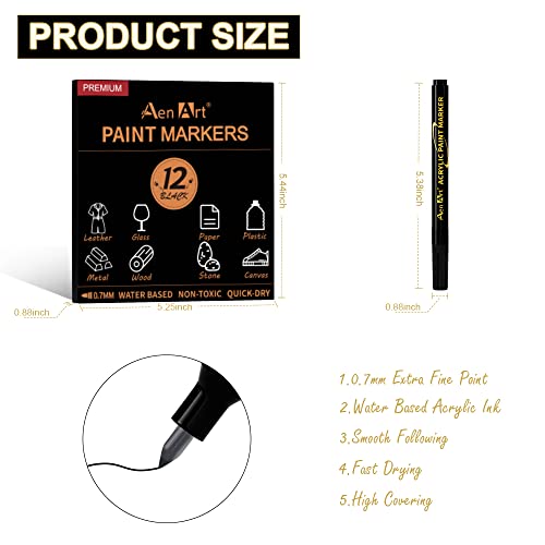 Black Paint Pens, 0.7mm Acrylic Paint Pens, 12 Pack Paint Markers for Wood Rock Plastic Glass Stone Metal Canvas Ceramic & DIY Mug Design, Fine Point