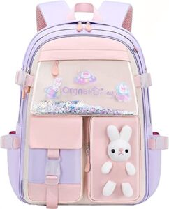 lelebear bunny backpack,large capacity waterproof kawaii bookbag for grades 1-6,kawaii bunny backpack for girls (purple, large)