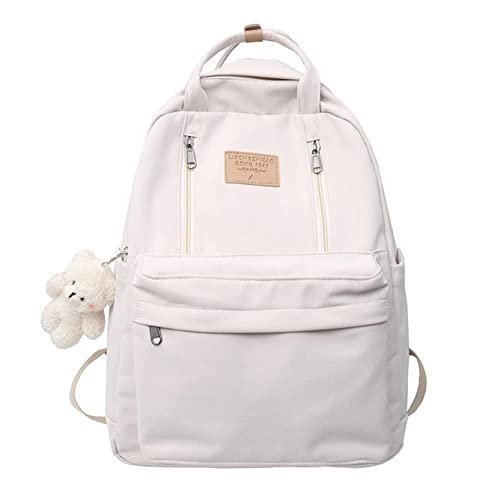 AONUOWE Preppy Backpack with Plushies Cute Backpack for Teen Girls Light Academia Bookbags Solid Aesthetic School Bag (White)