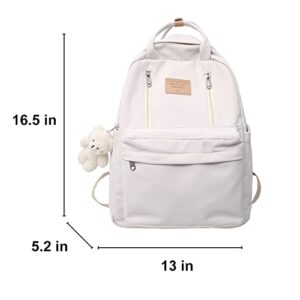 AONUOWE Preppy Backpack with Plushies Cute Backpack for Teen Girls Light Academia Bookbags Solid Aesthetic School Bag (White)