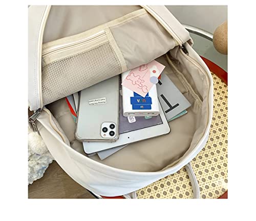 AONUOWE Preppy Backpack with Plushies Cute Backpack for Teen Girls Light Academia Bookbags Solid Aesthetic School Bag (White)