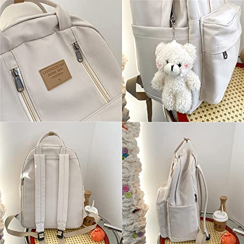 AONUOWE Preppy Backpack with Plushies Cute Backpack for Teen Girls Light Academia Bookbags Solid Aesthetic School Bag (White)