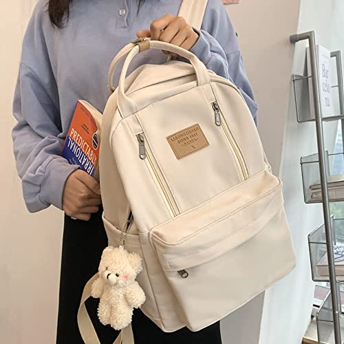 AONUOWE Preppy Backpack with Plushies Cute Backpack for Teen Girls Light Academia Bookbags Solid Aesthetic School Bag (White)