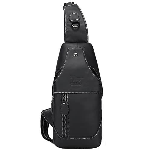 JOTONOXEN Mens Sling Bag Genuine Leather Chest Shoulder Backpack Cross Body, Water Resistant Anti Theft Shoulder Bags Chest backpack (Black)