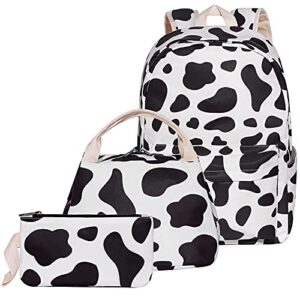 cow print school backpack set for teen girls boys, bookbags with lunch box pencil case