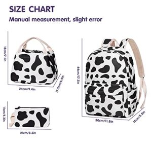 Cow Print School Backpack Set for Teen Girls Boys, Bookbags with Lunch Box Pencil Case