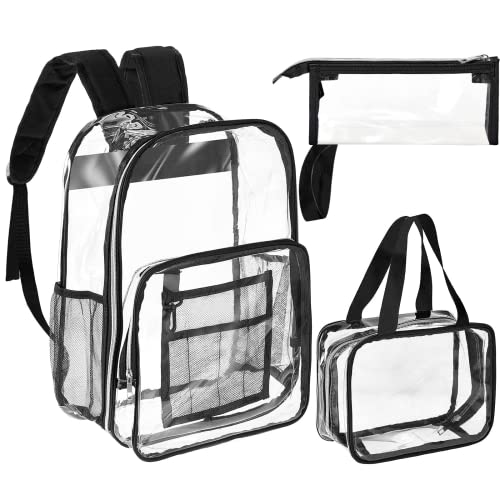 3 Pcs Clear Backpack and Lunch Bag Set, Heavy Duty Clear Bookbags Stadium Approved Transparent Bookbag School Bag with Handbag Pencil Case for Women, Black