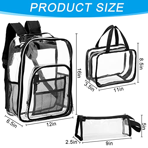 3 Pcs Clear Backpack and Lunch Bag Set, Heavy Duty Clear Bookbags Stadium Approved Transparent Bookbag School Bag with Handbag Pencil Case for Women, Black