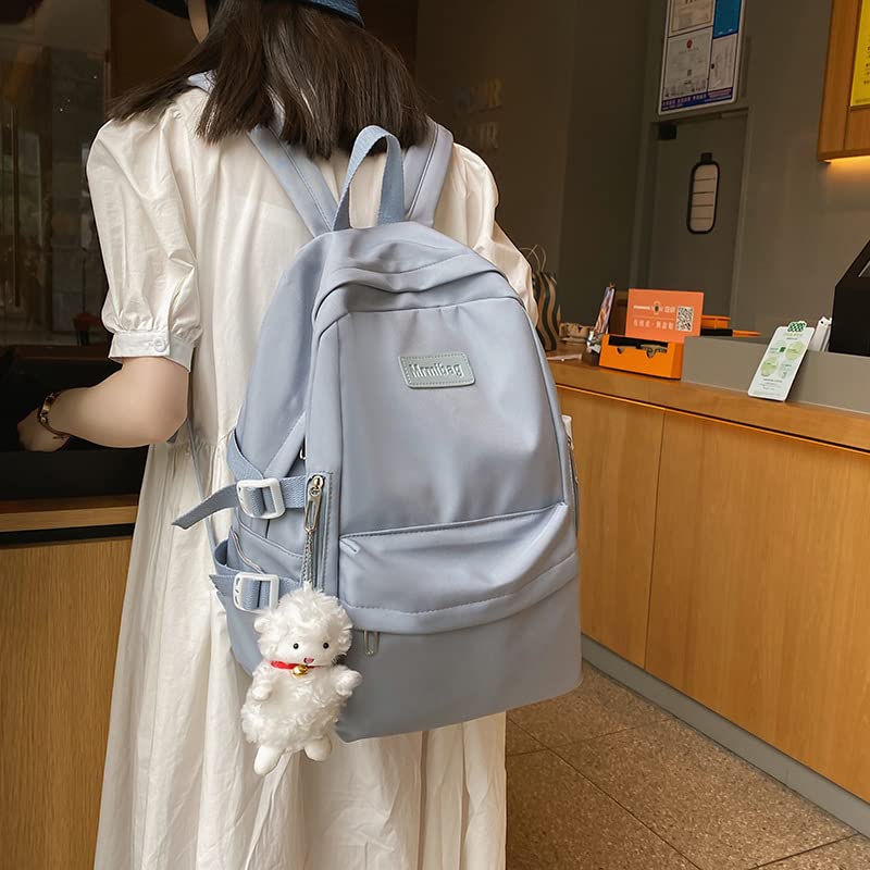 Kawaii Backpack Cute Multi-Pockets Bookbag with Lamb Pandent Aesthetic Laptop for Back to School Stationay Supplies (Blue)