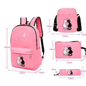 4Pcs Cute Cat Prints Canvas Primary School Bag Rucksack Backpack Set for Girls Elementary Bookbag