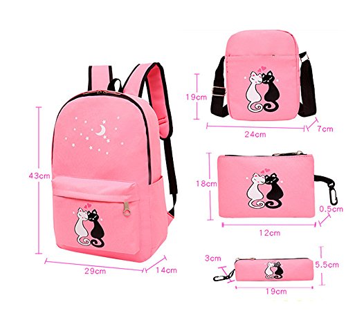 4Pcs Cute Cat Prints Canvas Primary School Bag Rucksack Backpack Set for Girls Elementary Bookbag