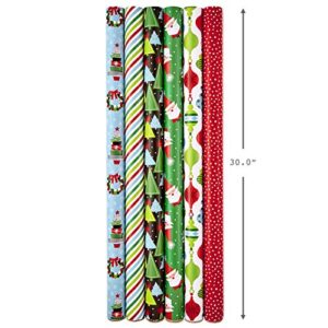 Hallmark Christmas Wrapping Paper Bundle with Cut Lines on Reverse (Pack of 6; 180 sq. ft. ttl.) Modern Santa, Trees on Black, Stripes, Ornaments