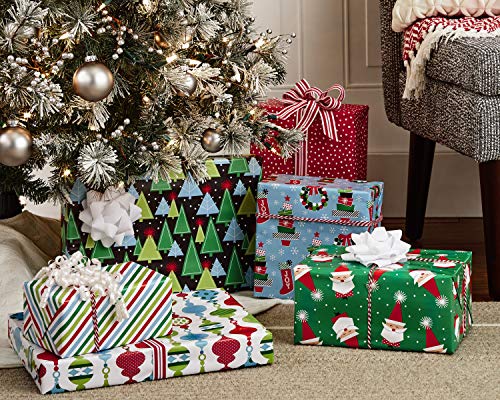 Hallmark Christmas Wrapping Paper Bundle with Cut Lines on Reverse (Pack of 6; 180 sq. ft. ttl.) Modern Santa, Trees on Black, Stripes, Ornaments