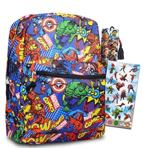 marvel avengers 16” backpack school supplies for boys, kids – 3 pc bundle with avengers school bag, superhero stickers and bookmark | avengers school travel bag