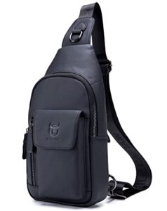 bullcaptain genuine leather sling bag for men multi-pocket casual travel crossbody chest bag hiking backpacks (black)
