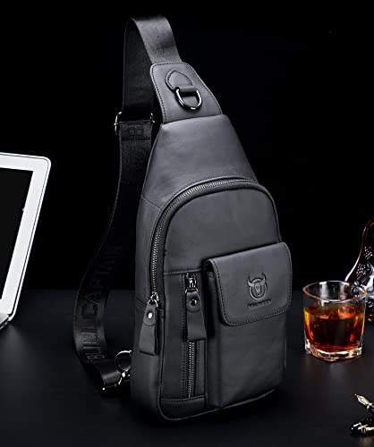BULLCAPTAIN Genuine Leather Sling Bag for Men Multi-pocket Casual Travel Crossbody Chest Bag Hiking Backpacks (Black)