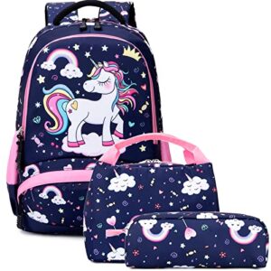 dafelile backpack unicorn for girls school preschool backpack for girls school bookpack set with lunch bag pencil bag(navy pink)