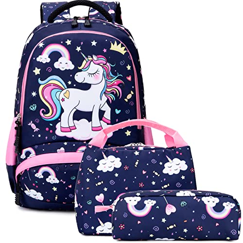 Dafelile Backpack Unicorn for Girls School Preschool Backpack for Girls School Bookpack Set with Lunch Bag Pencil Bag(Navy Pink)