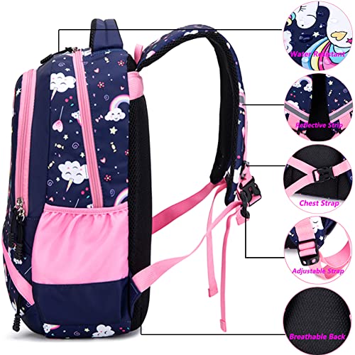 Dafelile Backpack Unicorn for Girls School Preschool Backpack for Girls School Bookpack Set with Lunch Bag Pencil Bag(Navy Pink)