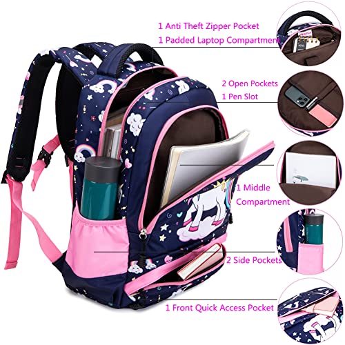 Dafelile Backpack Unicorn for Girls School Preschool Backpack for Girls School Bookpack Set with Lunch Bag Pencil Bag(Navy Pink)