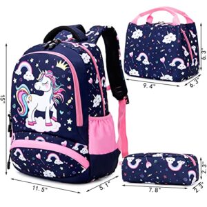 Dafelile Backpack Unicorn for Girls School Preschool Backpack for Girls School Bookpack Set with Lunch Bag Pencil Bag(Navy Pink)