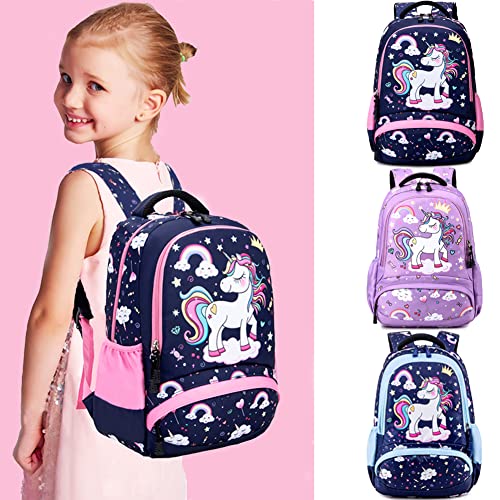 Dafelile Backpack Unicorn for Girls School Preschool Backpack for Girls School Bookpack Set with Lunch Bag Pencil Bag(Navy Pink)