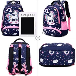 Dafelile Backpack Unicorn for Girls School Preschool Backpack for Girls School Bookpack Set with Lunch Bag Pencil Bag(Navy Pink)