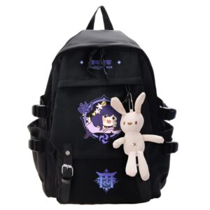genshin impact raiden shogun baal backpacks bookbag black school bag daypack travel bag of 18″ with cute doll of bunny