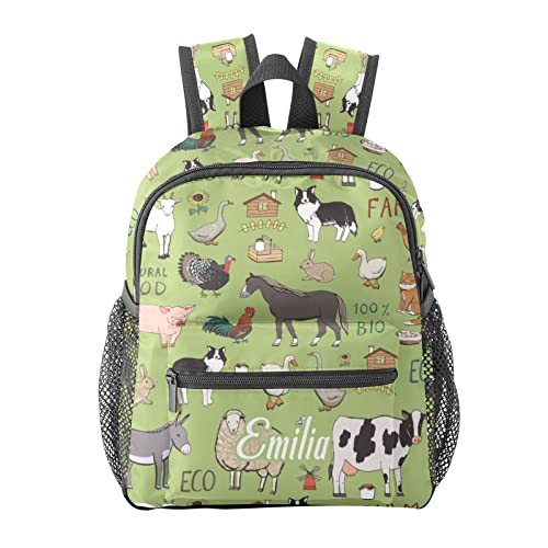 Grandkli Farm Animal Green Personalized Kids Toddler Backpack for Boys Girls ,Custom Mini School Backpack Bags Kindergarten 10inch L x 4inch W x 12inch H