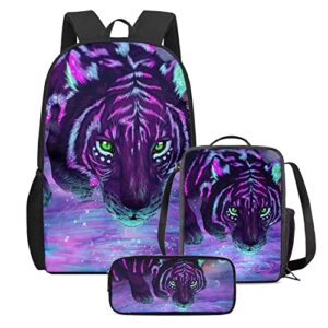 kids backpack purple tiger print lightweight daypack set 3 pieces with lunch bag pencil case for kids girls boys