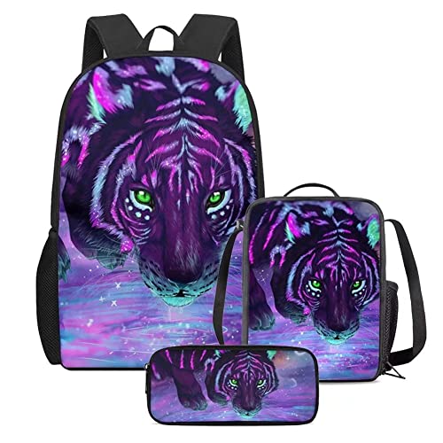 Kids Backpack Purple Tiger Print Lightweight Daypack Set 3 Pieces with Lunch Bag Pencil Case for Kids Girls Boys