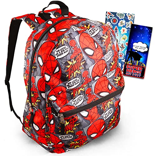 Marvel Shop Spiderman Backpack for Boys 7-8 Set - 16'' Inch Spiderman School Backpack for Boys 7-8 Bundle with Stickers, More | Spiderman Backpack for Kids