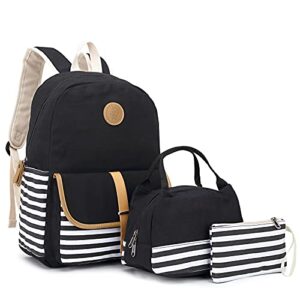 Pawsky School Backpack for Teen Girls/Women, Cute College Bookbag Set Canvas Stripe Backpack with Lunch Bag Pencil Bag, Black