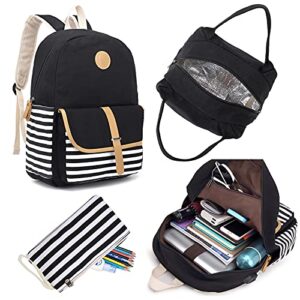 Pawsky School Backpack for Teen Girls/Women, Cute College Bookbag Set Canvas Stripe Backpack with Lunch Bag Pencil Bag, Black