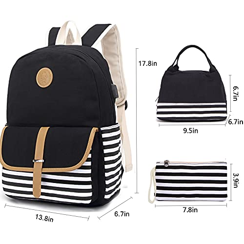 Pawsky School Backpack for Teen Girls/Women, Cute College Bookbag Set Canvas Stripe Backpack with Lunch Bag Pencil Bag, Black