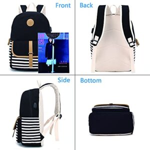 Pawsky School Backpack for Teen Girls/Women, Cute College Bookbag Set Canvas Stripe Backpack with Lunch Bag Pencil Bag, Black