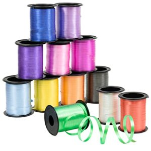giftexpress 12 curling ribbon balloon string assortment, 12 crimped ribbon rolls assorted vivid colors, 3/16″ ribbon x 60 ft per roll for balloon band tie, art crafts, gift wrapping, florists