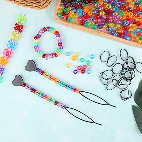 1602pcs Beads for Hair Braids Kit Including 600pcs 9x6mm Glitter Pony Beads, 1000pcs Elastic Rubber Bands, and 2pcs Quick Beaders for Kids Hair Braids (Glitter)